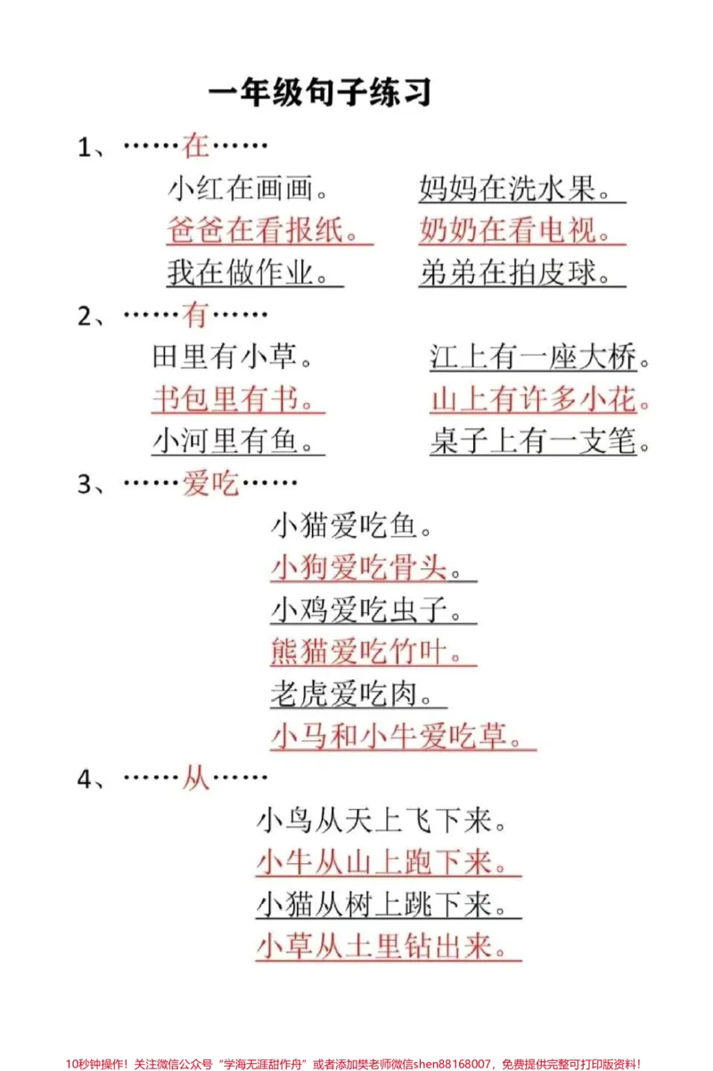 《一年级全册写句子不用愁了!每年必考的写句子都在这里!刚上一年级的小朋友写不出简单的句子,所以一开始只能把这些简单的句型都背下来默写下来,害怕写句子和看图写话的小朋友可以试试!#一年级#一年级语文#看图写话》第1页预览