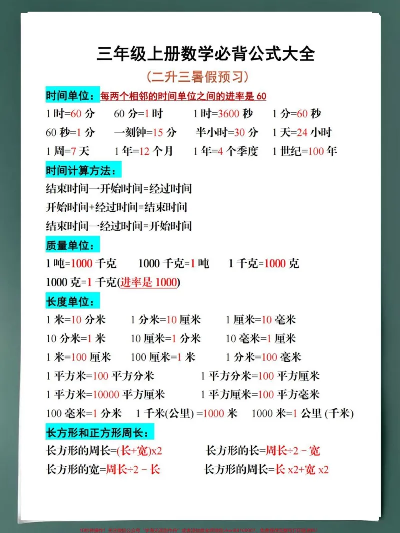 《二升三年级必背公式。家长们提前帮孩子们打印出来，打好基础很重要！#二升三#每天学习一点点#必考考点#假期学习#三年级数学》第1页预览