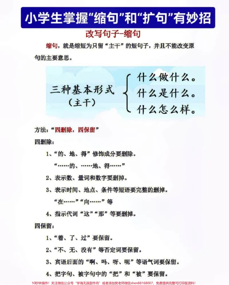 《三年级上册语文扩句和缩句改写练习，#小学知识点归纳#知识点总结#学习#三年级》第1页预览