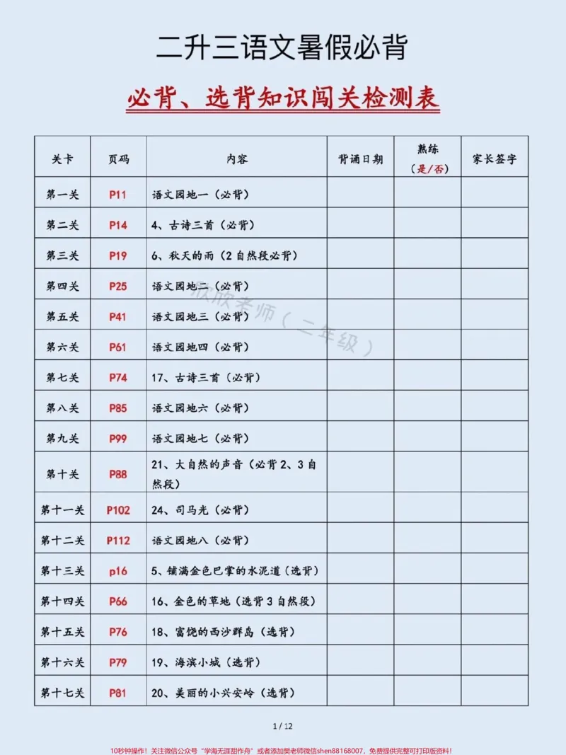 《二升三语文暑假必背。#二年级#三年级#三年级语文#暑假#预习》第1页预览
