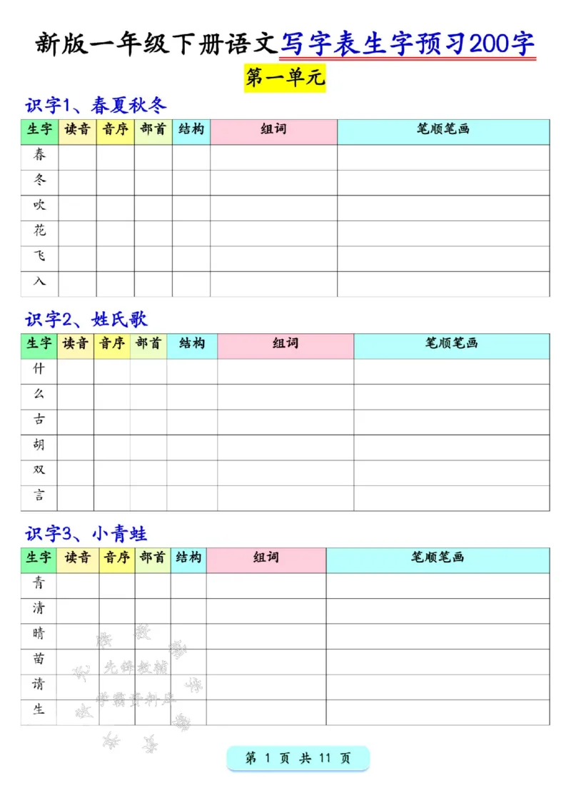 《新版一年级下册语文写字表生字预习200字SY(2)(1)_1年级下册同步教辅_1下-语文_一下语文-生字+字帖》第1页预览