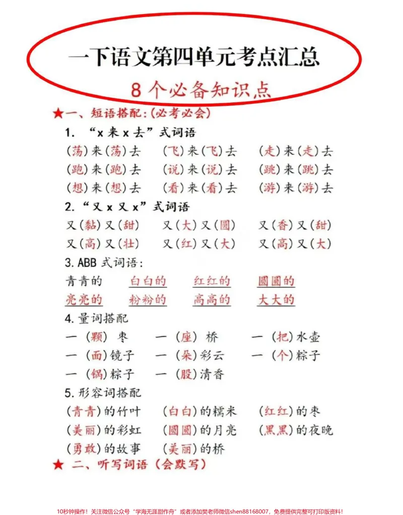 《一年级第四单元考点汇总来啦!#一年级#语文#知识点#一年级重点知识归纳#考点》第1页预览