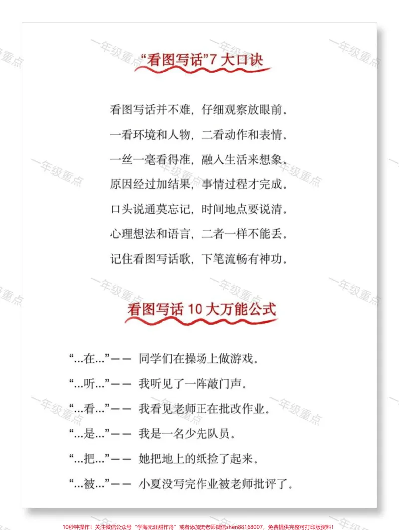 《一年级下语文看图写话7大口诀+10大句式。#一年级语文下册#一二年级看图写话#看图写话#看图写话范文#看图写话技巧和方法》第2页预览