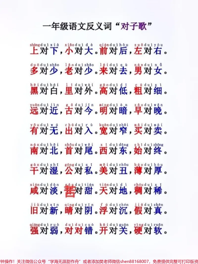 《一年级反义词对子歌可打印出来让孩子学习#一年级语文#每天学习一点点#家长必读#词语积累》第1页预览