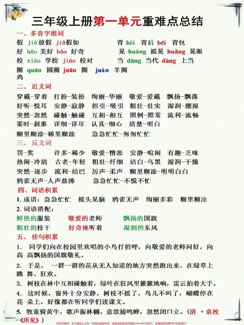 《三年级上册语文1—8单元知识汇总。三年级上册语文1—8单元知识汇总，家长们赶紧收藏给孩子打印出来开学备用#知识点总结#三年级上册语文#学习资料分享#三年级语文重点归纳#每天学习一点点》第1页预览