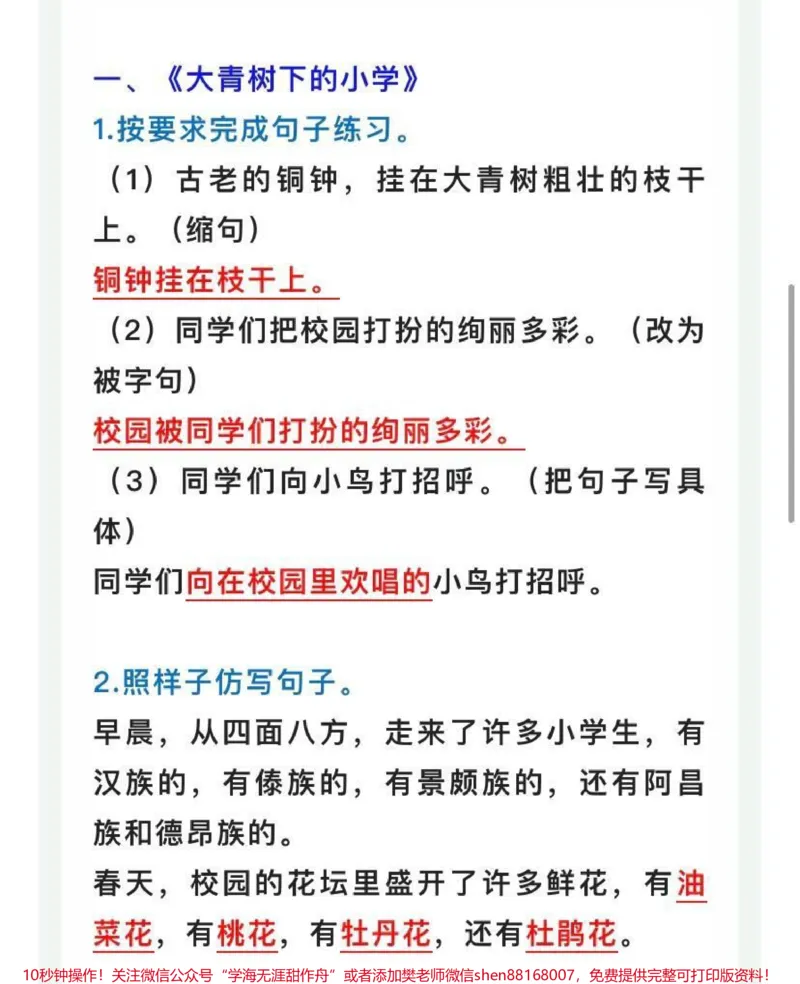 《三年级语文上册第一单元句子常考题型训练》第1页预览