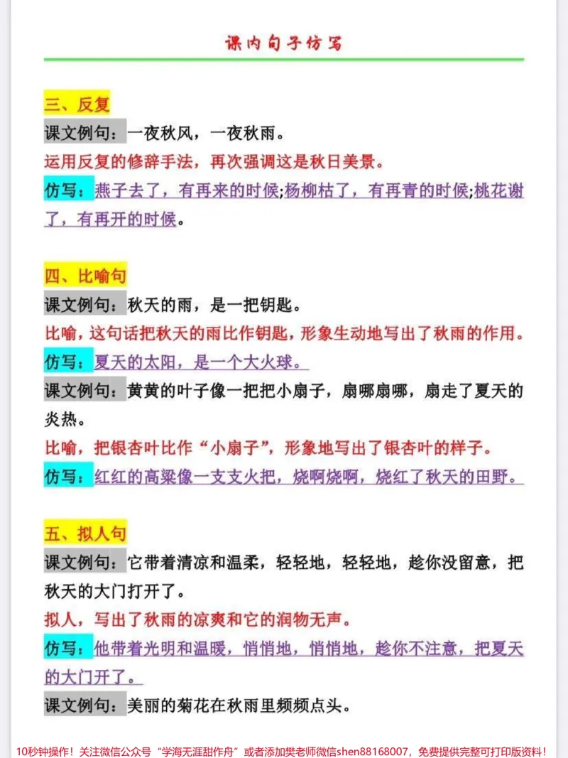 《三年级上册语文仿写句子。三年级上册语文仿写句子,第二单元的都整理好了。仿写句子是考试必考内容,即便到了初中也还是会考到。家长给孩子收藏起来。平时让孩子多读读背背,仿照例子写写,这样考试的时候会很轻松。#三年级#三年级上册语文#句子仿写#必考考点#学霸秘籍》第2页预览