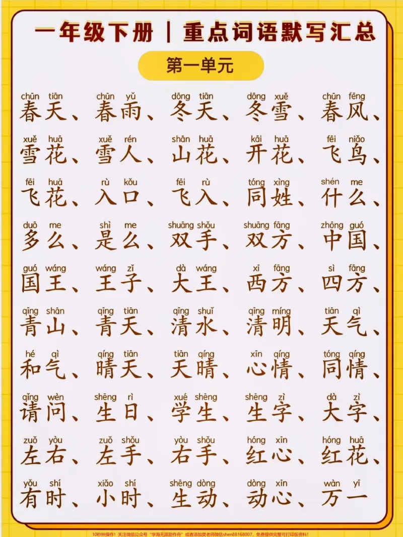 《一年级语文下册默写听写组词练习汇总复习。对于一年级的小孩子来说,默写很重要,但要适量默写是考察小孩子的记忆力,低年级的同学只要看着拼音写词语就可以了,期末必考知识点#一年级#期末复习#语文#一年级语文#知识点总结》第1页预览