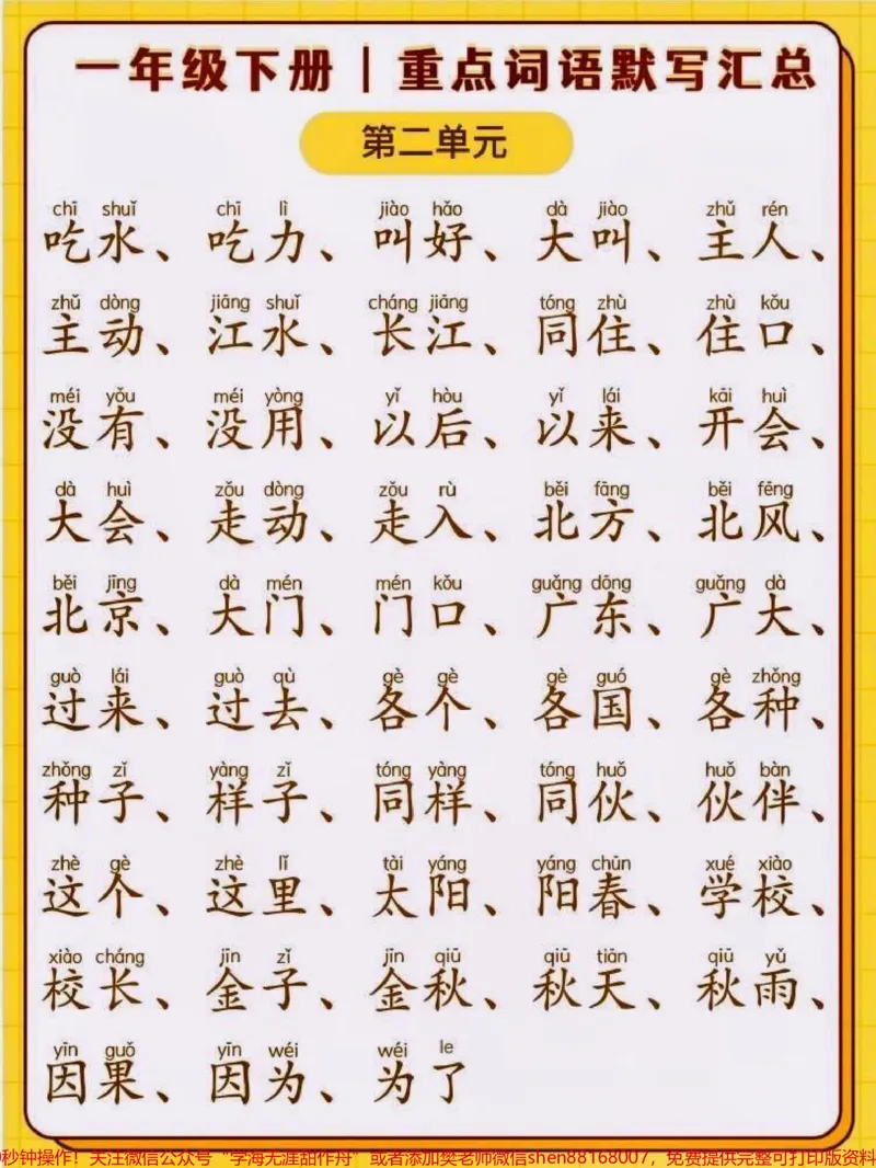 《一年级语文下册默写听写组词练习汇总复习。对于一年级的小孩子来说,默写很重要,但要适量默写是考察小孩子的记忆力,低年级的同学只要看着拼音写词语就可以了,期末必考知识点#一年级#期末复习#语文#一年级语文#知识点总结》第2页预览