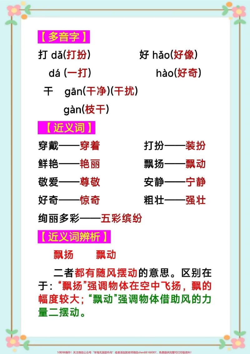 《三年级语文知识点总结。#三年级语文#课堂笔记#暑假预习#三年级语文第一课大青树下的小学课堂笔记#知识点总结生字组词造句近反义词多音字词语搭配中心思想课后习题》第4页预览