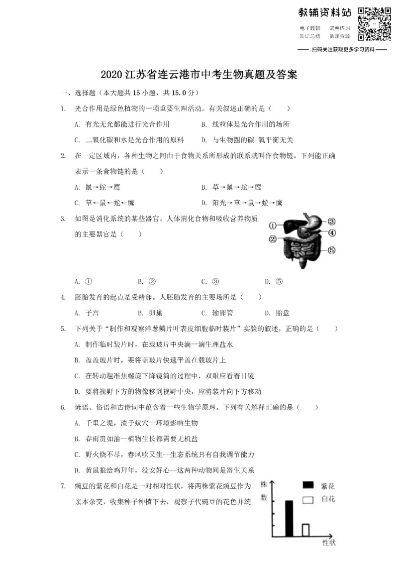 《2020江苏省连云港市中考生物真题及答案_初高中资料库_初中资料库（转存避免链接过期失效）_初中生物》第1页预览