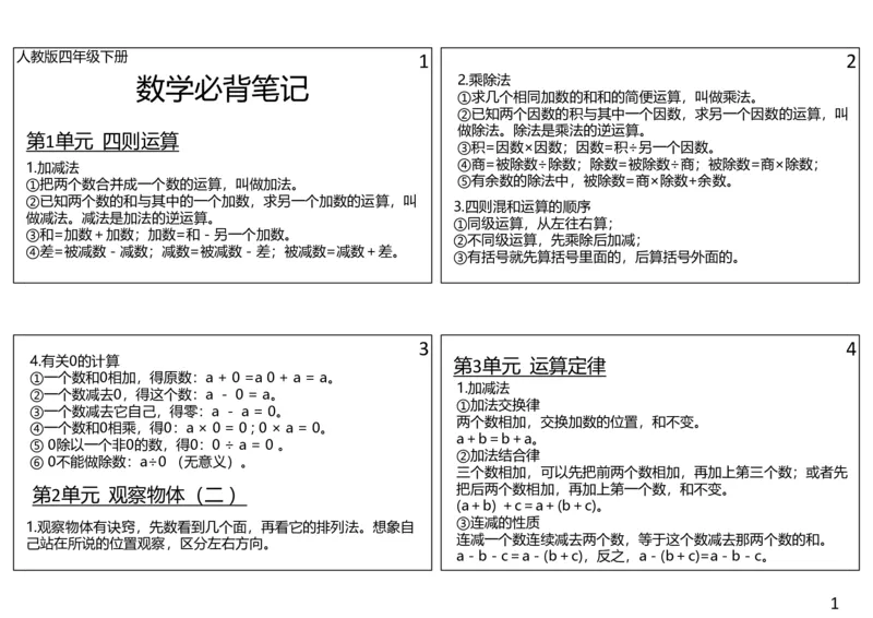 《四年级（下）数学笔记课课贴_4年级下册同步教辅_四下数学_四下数学通用重点必背+专项》第1页预览