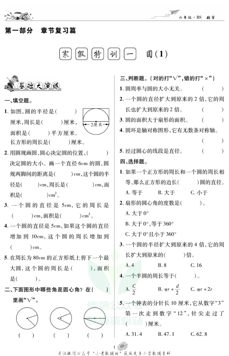 《假期特训·学期总复习六年级寒假数学北师版_07.小学语文、英语、数学专区_小学寒假教辅汇总_1~8年级假期特训·学期总复习_6年级》第3页预览