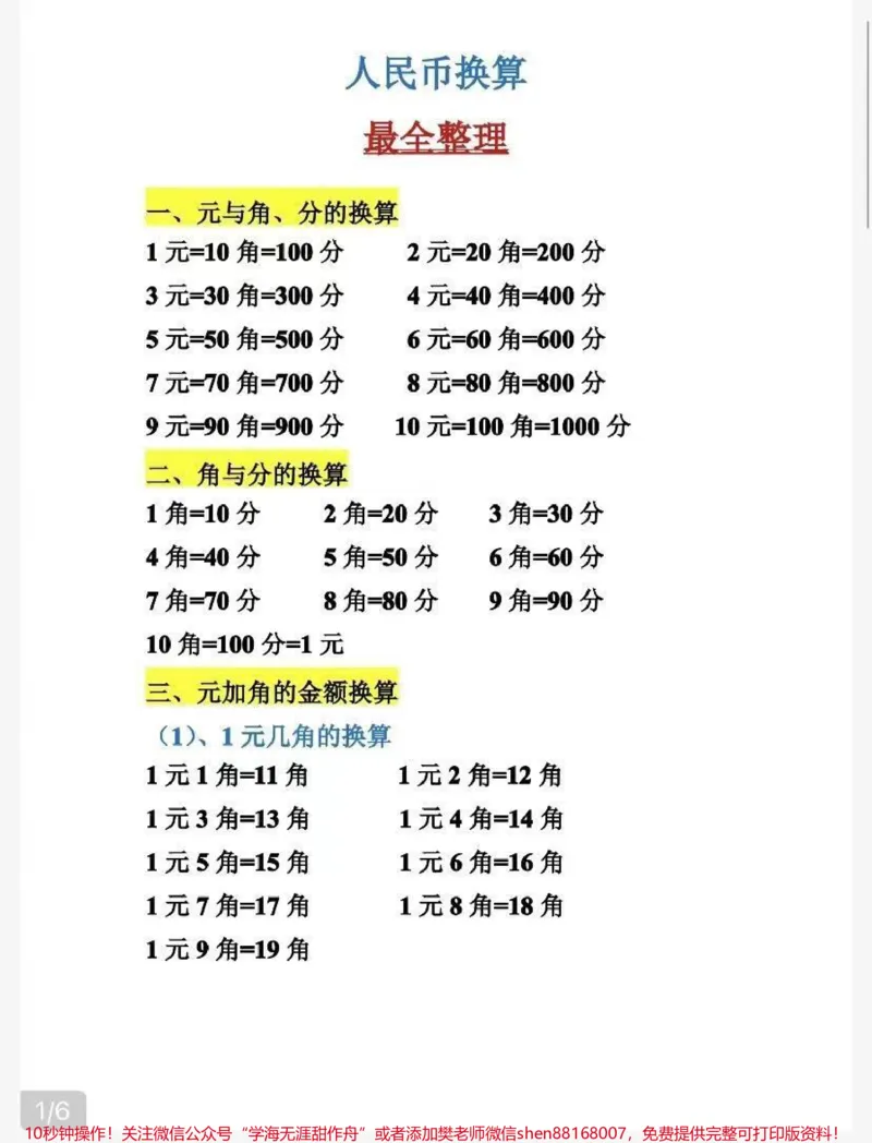 《一年级下册数学重难点,人民换算最全整理》第1页预览