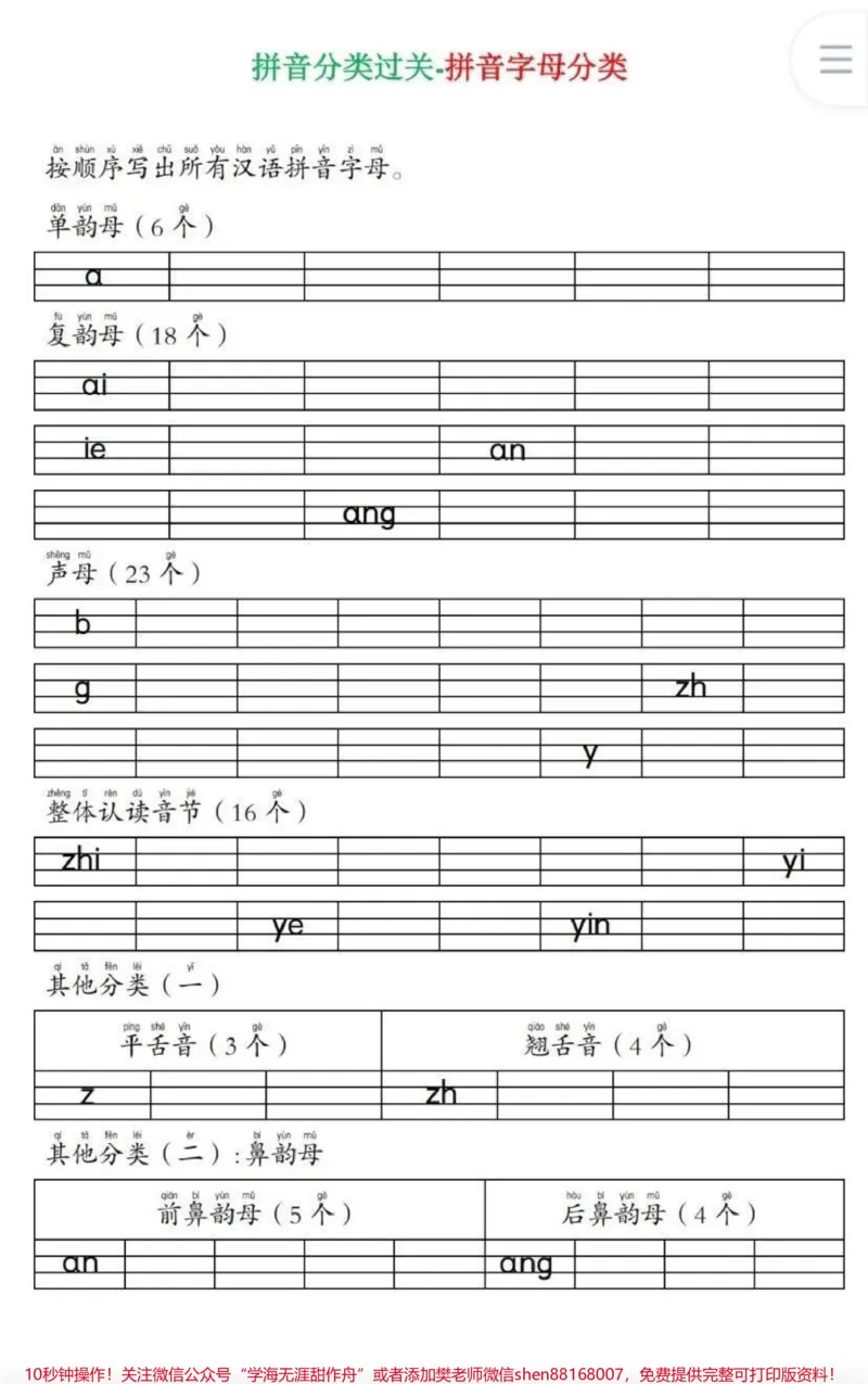 《拼音分类+音节标调+拼音书写，可打印》第1页预览