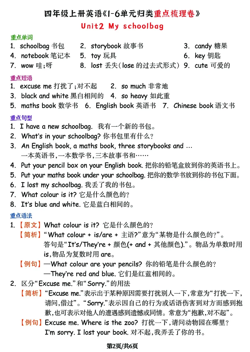 《四（上）英语（人教PEP)《1-6单元归类重点梳理》，附配套必背书写卷_4年级上册同步教辅_4上-英语_四上英语人教PEP资料》第3页预览