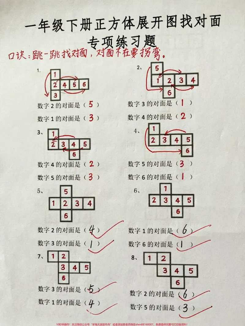 《一年级下册数学第一单元正方体展开找对面。一年级下册数学第一单元正方体展开找对面这是一年级孩子的一个重要考点,经常出现在填空和选择题中,这份专项练习打印一份给孩子练习一下,考试不丢分#一年级数学#知识分享#一年级#每天学习一点点#开学季》第1页预览