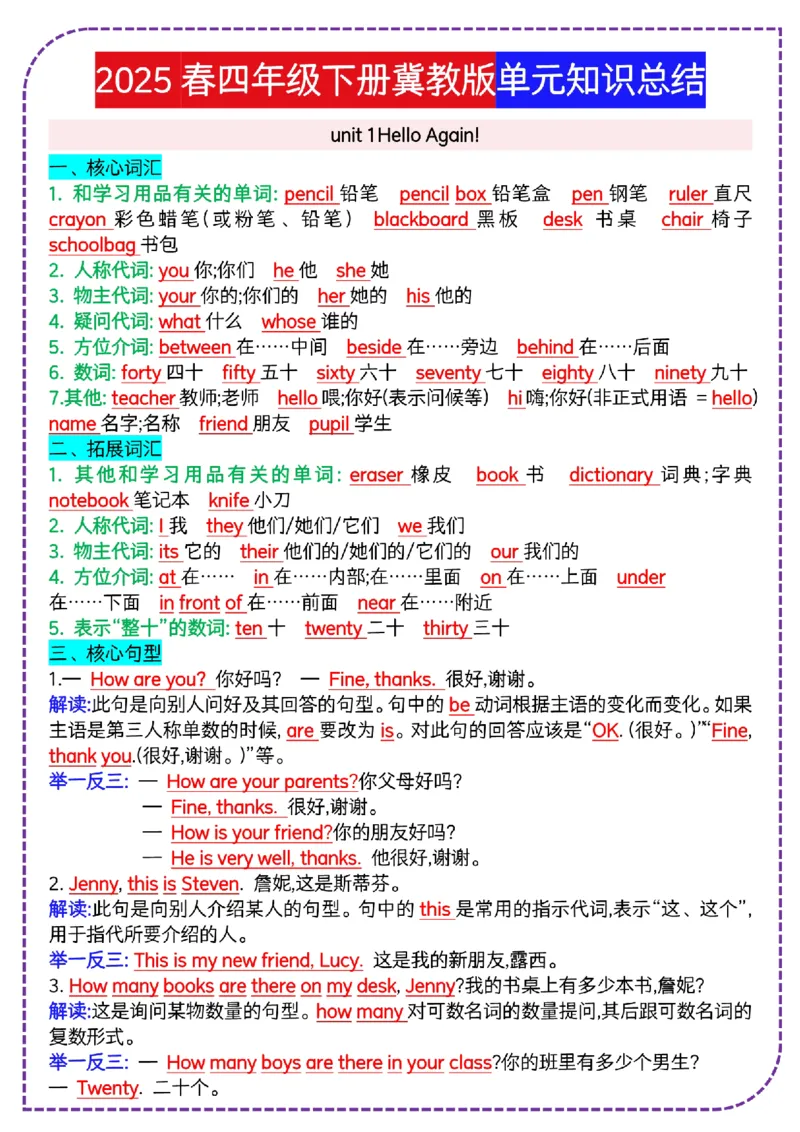 《四年级（下）英语单元知识总结《冀教》_4年级下册同步教辅_四下英语_四下英语冀教版资料》第1页预览