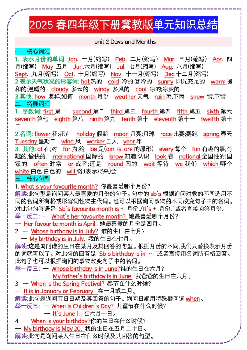 《四年级（下）英语单元知识总结《冀教》_4年级下册同步教辅_四下英语_四下英语冀教版资料》第3页预览