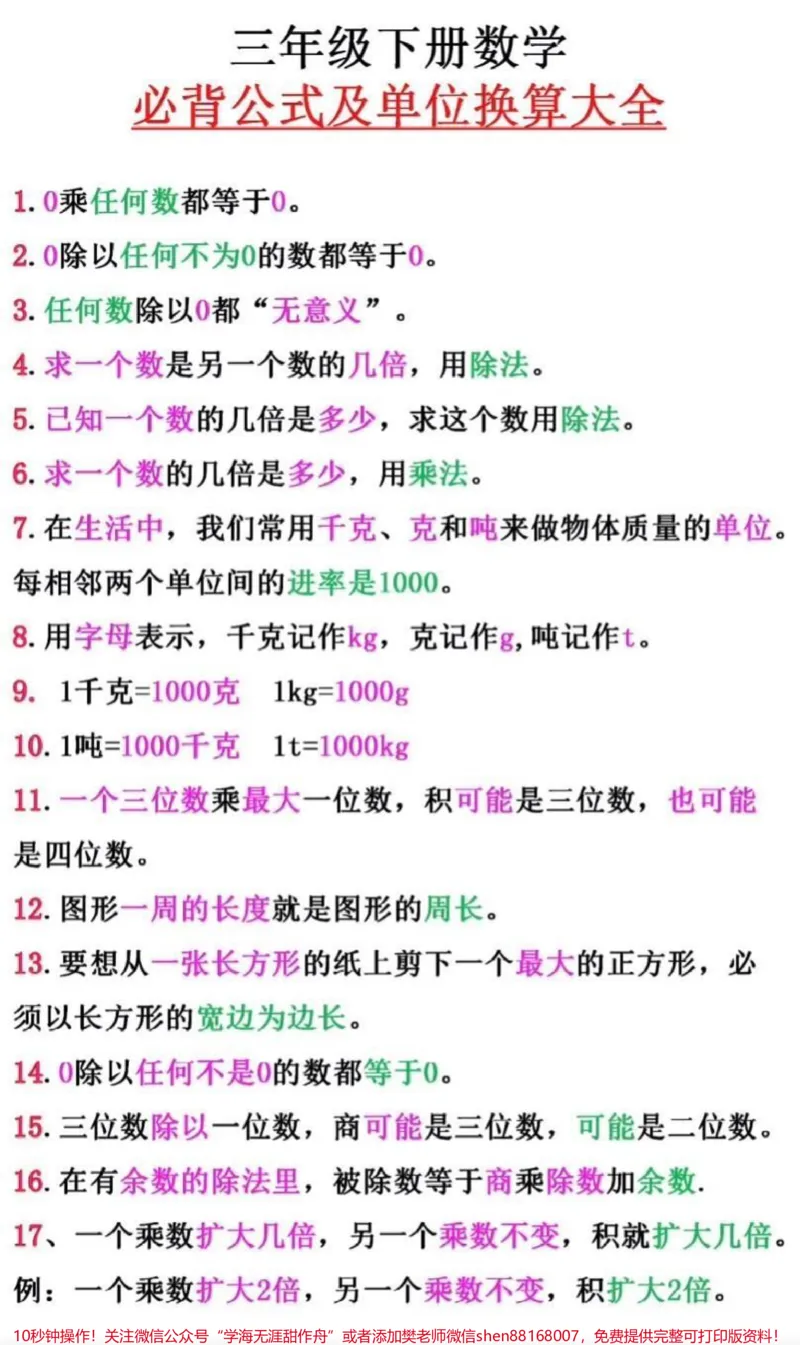《三年级下册数学必背公式及单位换算大全#教育#三年级数学#小学数学#学习#数学思维》第1页预览