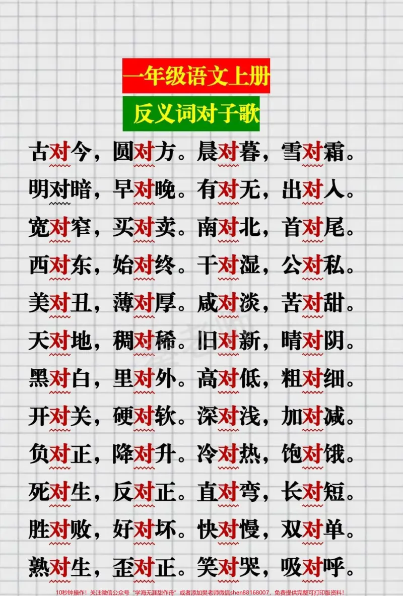 《一年级反义词对子歌。#一年级语文#必考考点#仿写句子#对子歌#开学季期中期末必考题易错题@qunju888.com小助手@qunju888.com创作者中心@qunju888.com热点宝》第1页预览