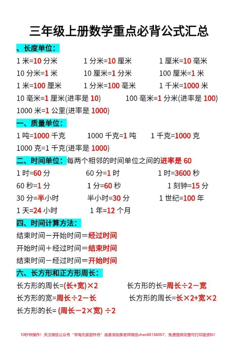 《三年级上册数学重点必背公式。#知识点总结#必考考点#小学数学#小学知识点归纳#三年级上册数学期末测试卷#小学必考知识大全》第1页预览