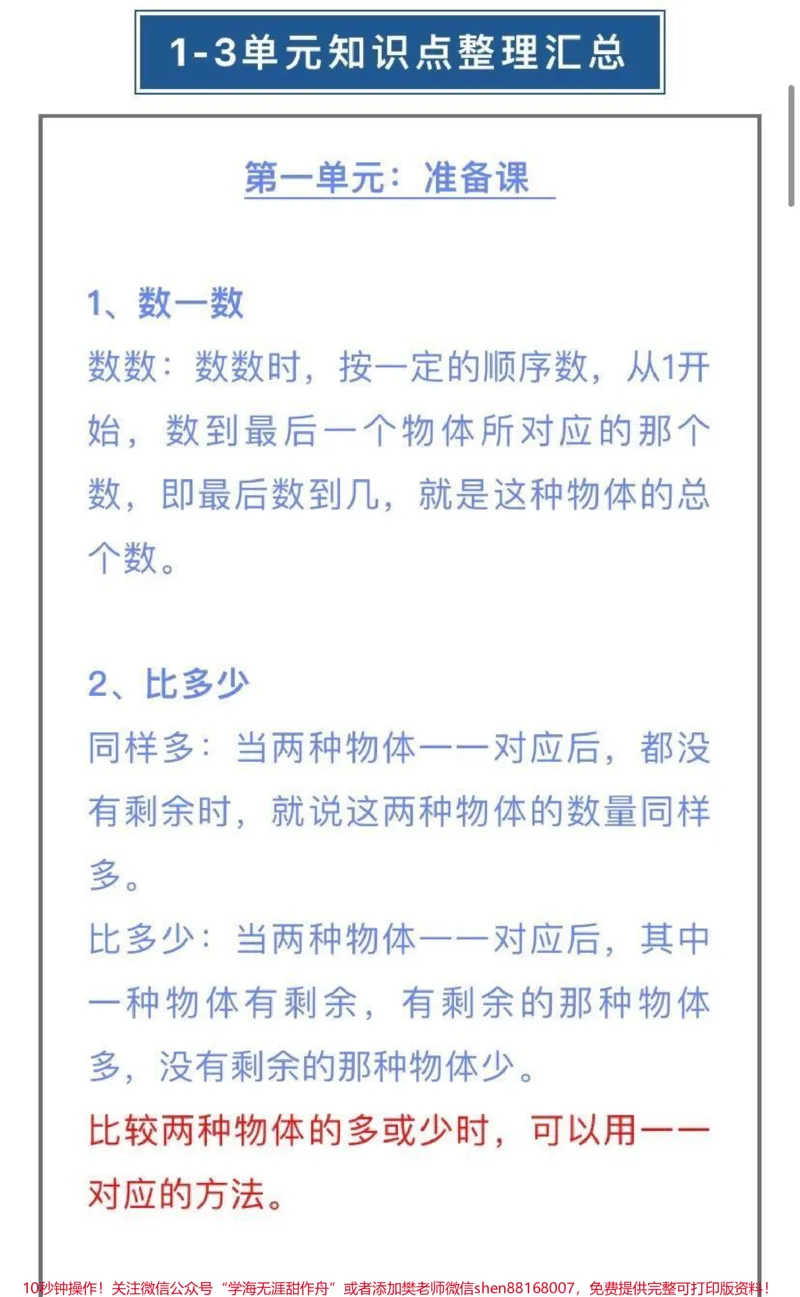 《一年级数学上册1-3单元知识点整理汇总》第1页预览