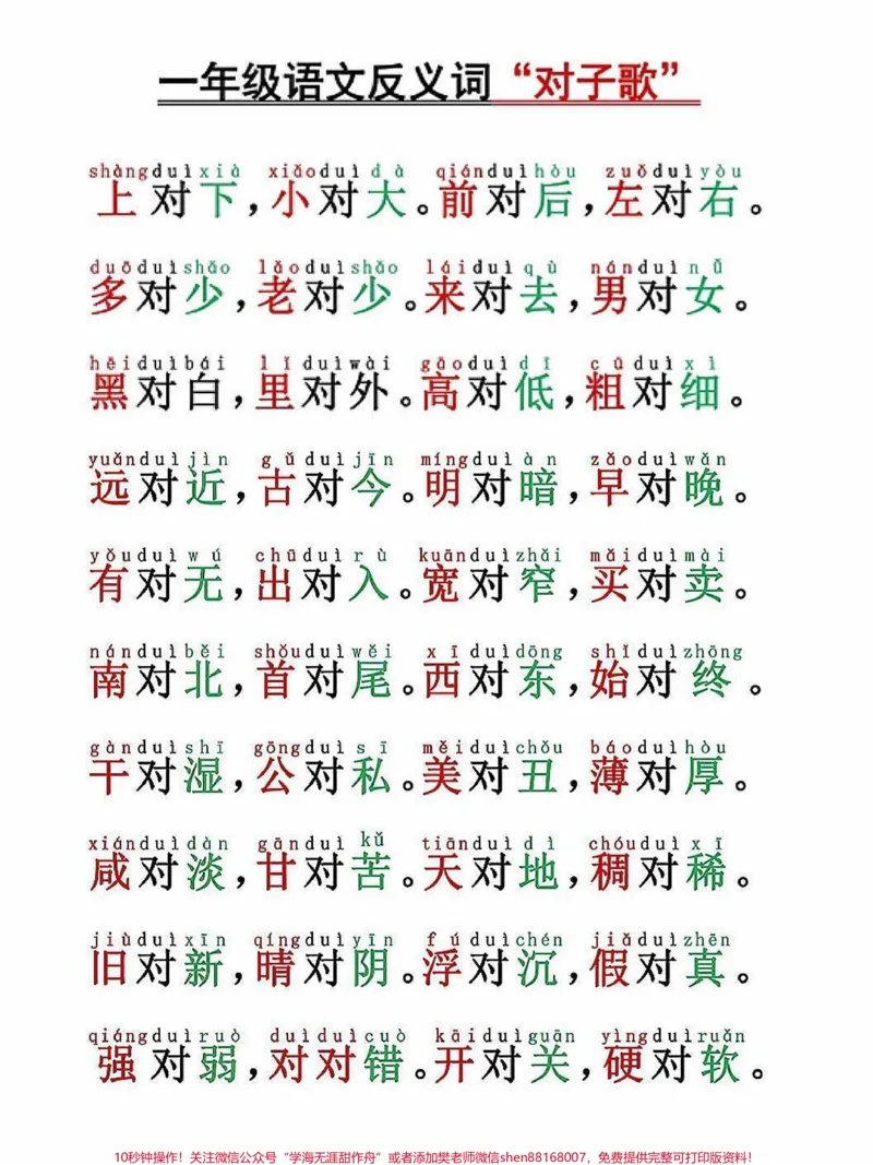 《一年级语文上册词语对韵歌(反义词)一年级语文上册词语对韵歌(反义词)对韵歌带娃一起练习#学霸秘籍#小学语文怎么学#每天学习一点点进步一点点#关注我持续更新小学知识#期末考试》第1页预览