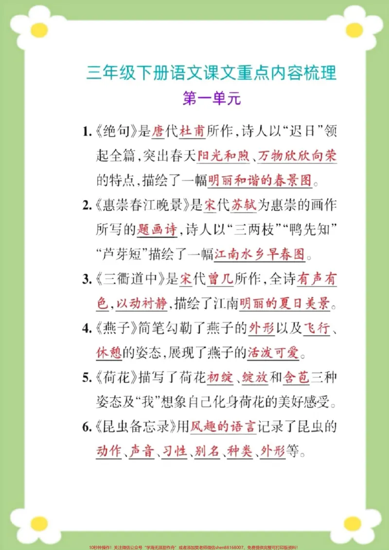 《三年级下册语文必考点。#三年级#语文#课堂笔记#中心思想#课文主题归纳》第1页预览