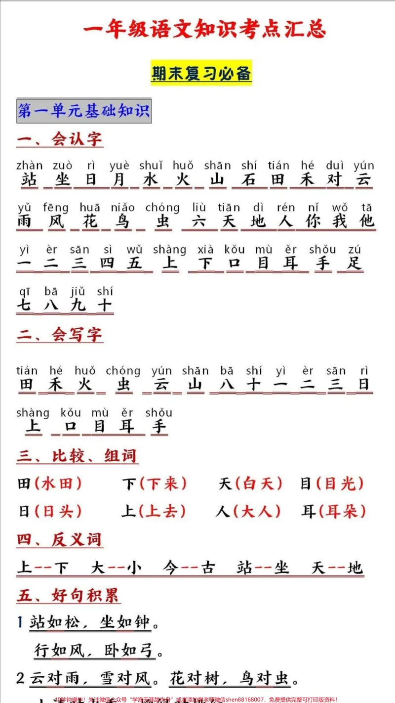 《一年级上册语文期末必考重点知识点归纳#教育#家长收藏孩子受益#知识点总结#学习#小学一年级语文》第1页预览