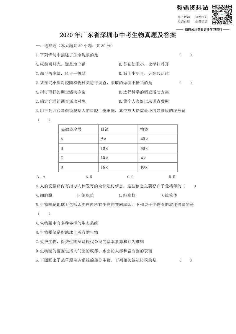 《2020广东省深圳市中考生物真题及答案_初高中资料库_初中资料库（转存避免链接过期失效）_初中生物》第1页预览