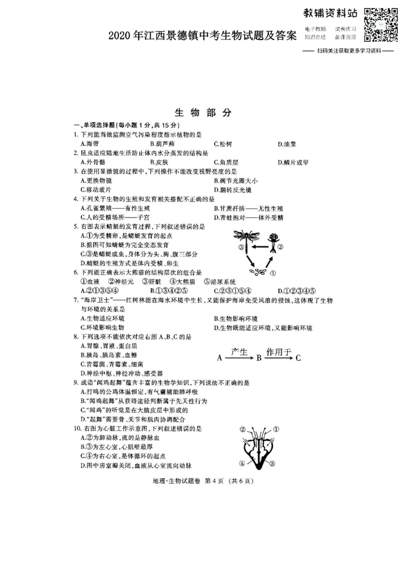 《2020江西景德镇中考生物试题及答案_初高中资料库_初中资料库（转存避免链接过期失效）_初中生物》第1页预览