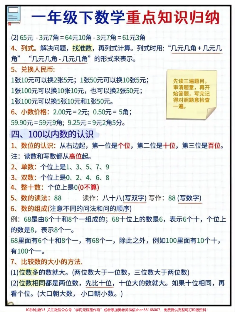 《一年级下册数学重点知识点归纳#家长收藏孩子受益#每天学习一点点#教育#学习#知识点总结》第2页预览