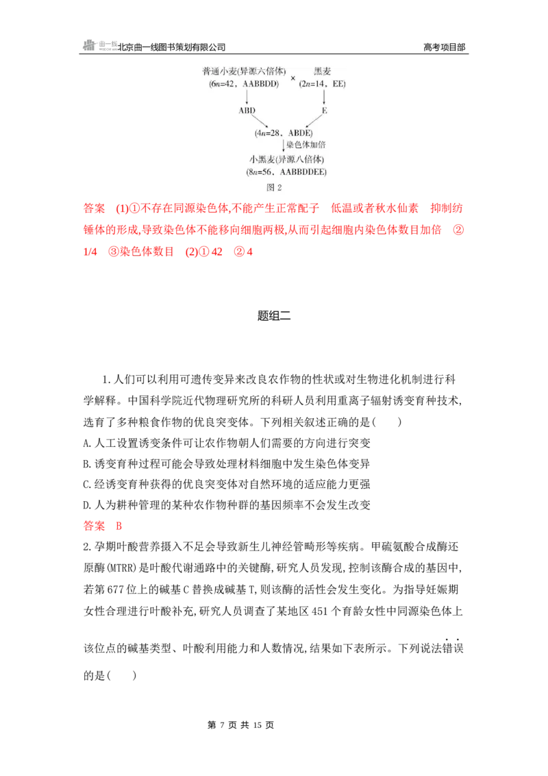《1_专题过关检测练Word-第11章　基因突变及其他变异_2026版教学资源包_202653高考总复习A版_新高考_生物_教师A版2026年.新高考版.生物.53_第2部分遗传与进化_第11章基因突变及其他变异》第7页预览