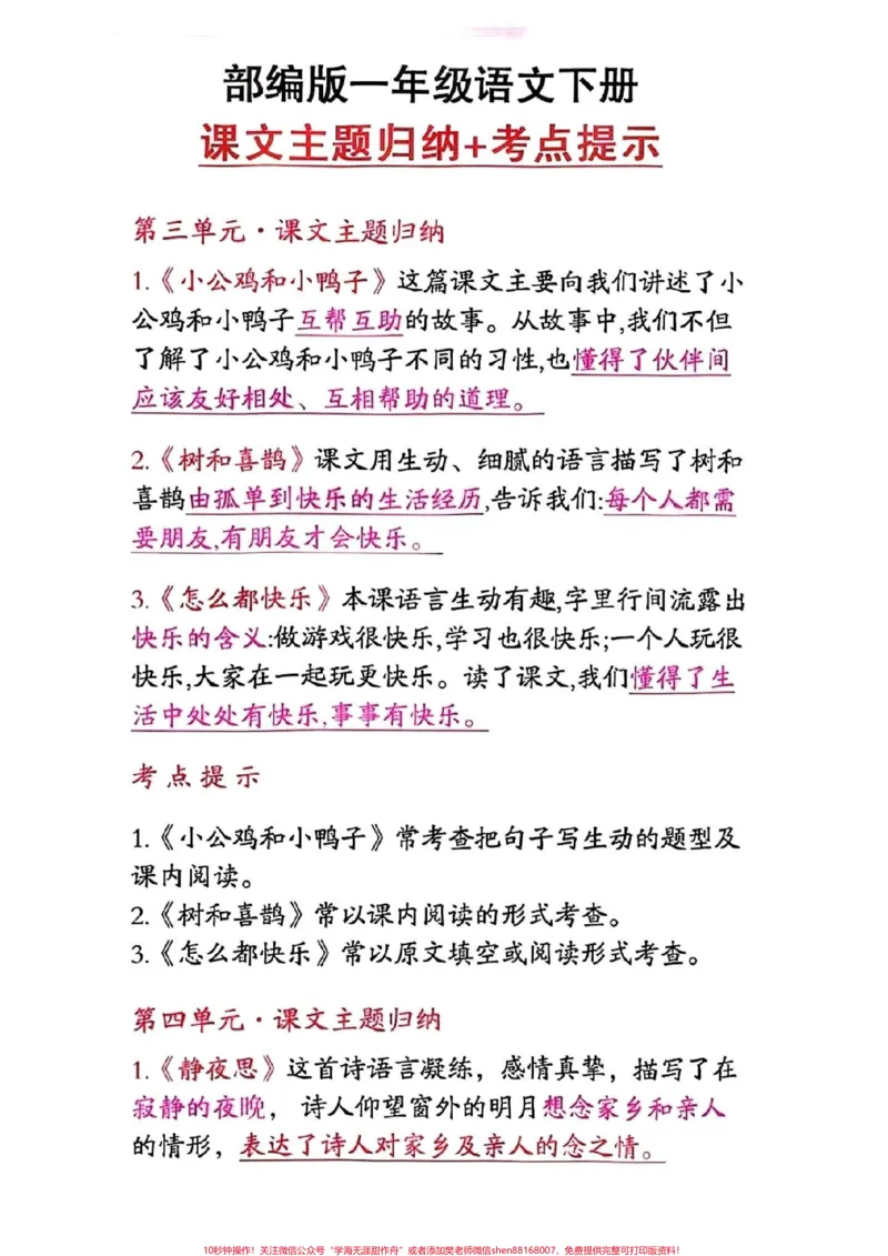 《一年级语文下册,课文主体归纳及考点提示。#一年级语文#图文来了》第3页预览