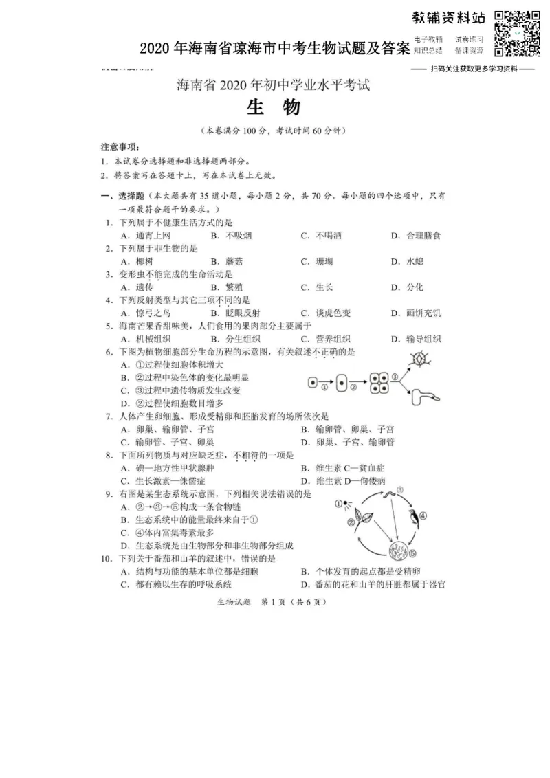 《2020海南省琼海市中考生物试题及答案_初高中资料库_初中资料库（转存避免链接过期失效）_初中生物》第1页预览