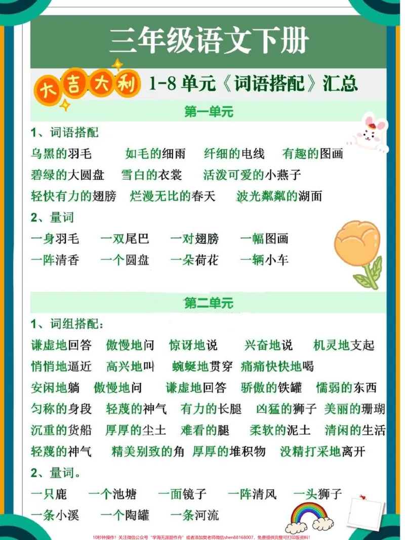 《三年级下册语文1-8单元词语搭配汇总来啦!语文就要平时多积累。#关注我持续更新小学知识#知识点总结#学习资料分享#小学语文知识点#词语积累@qunju888.com小助手@qunju888.com热点@qunju888.com创作者中心》第1页预览