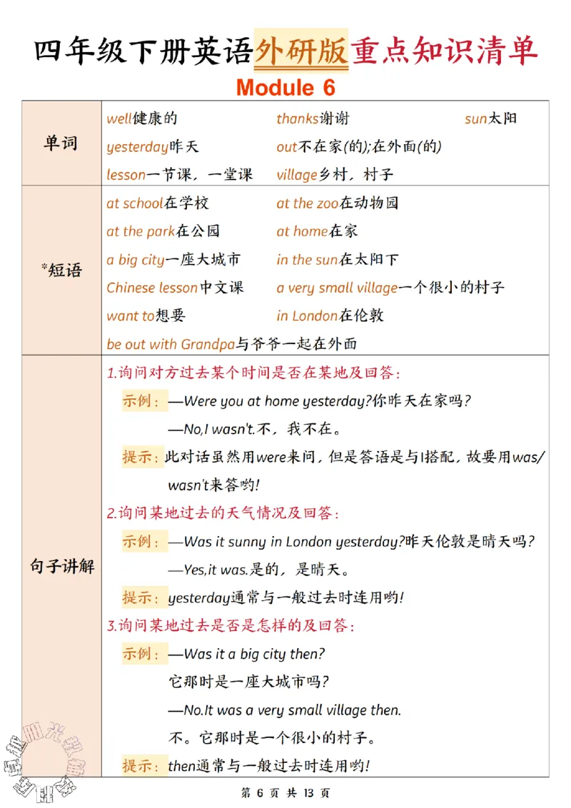 《四年级（下）英语重点知识清单《外研版》_4年级下册同步教辅_四下英语_四下英语外研版资料》第6页预览