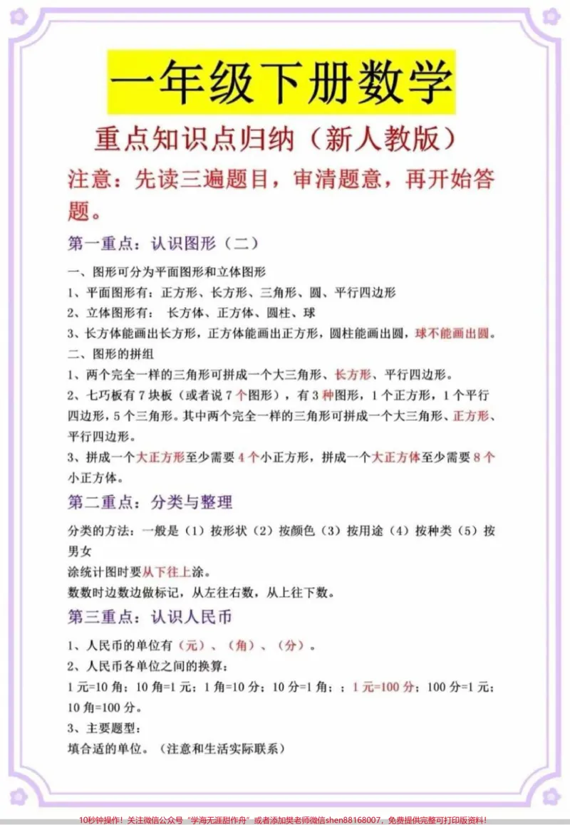 《一年级下册数学重点知识点。挖到宝了,一年级下册数学全册重点知识点来啦!给娃打印出来,寒假背诵一下吧!#一年级数学#一年级重点知识归纳#知识分享#学习#一年级》第1页预览