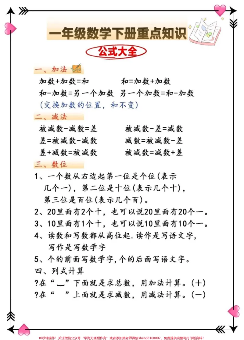 《一年级数学下册重点知识点总结。#一年级重点知识归纳#一年级数学#学霸秘籍#一年级数学下册#一年级下册重点》第1页预览