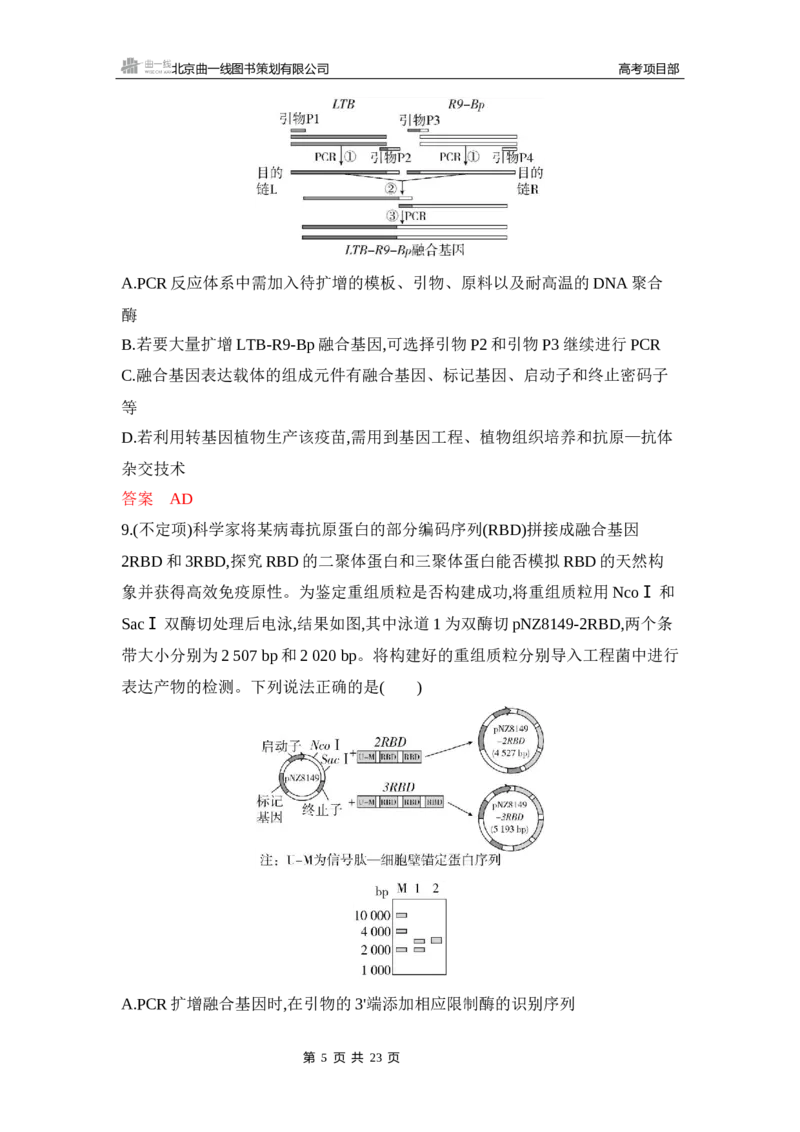 《1_专题过关检测练Word-第24章　基因工程_2026版教学资源包_202653高考总复习A版_新高考_生物_教师A版2026年.新高考版.生物.53_第5部分生物技术与工程_第24章基因工程_6_专题检测》第5页预览