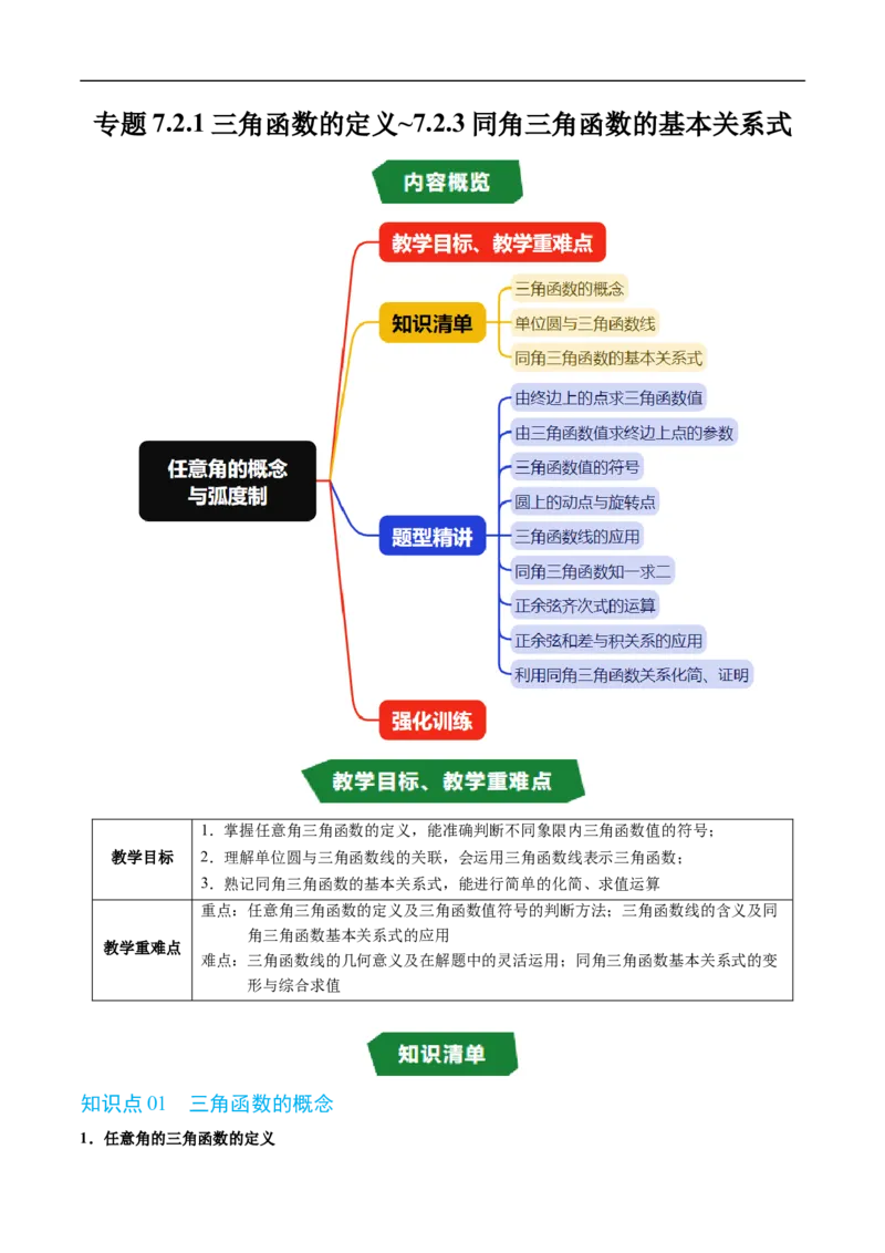 《专题7.2.1三角函数的定义~7.2.3同角三角函数的基本关系式（高效培优讲义）（解析版）_2027高中必刷题_必刷题2027_2027高一高二必刷题_数学_3.人教B版高中数学讲义必修三_第七章三角函数》第1页预览