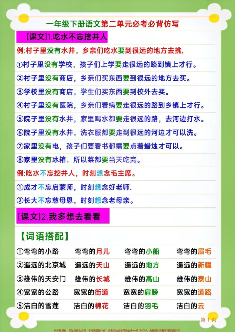 《一年级下册语文仿写句子。#一年级#语文#仿写句子句式训练造句比喻排比拟人句各种句式训练大全小学语文数学电子版学习资料免费分享，可打印可收藏，感谢家长们关注和支持！》第1页预览