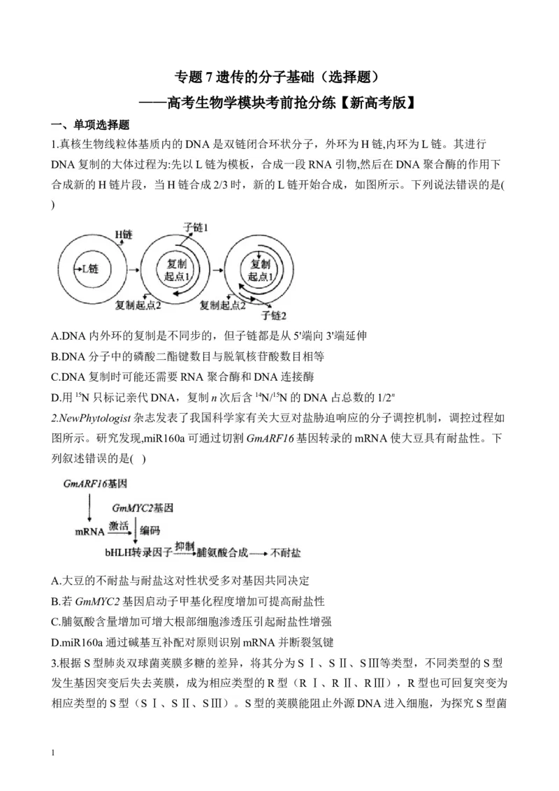 《专题7遗传的分子基础（选择题）——高考生物学模块分练新高考版（含解析）_2026版高中《二三轮复习+冲刺复习》》第1页预览