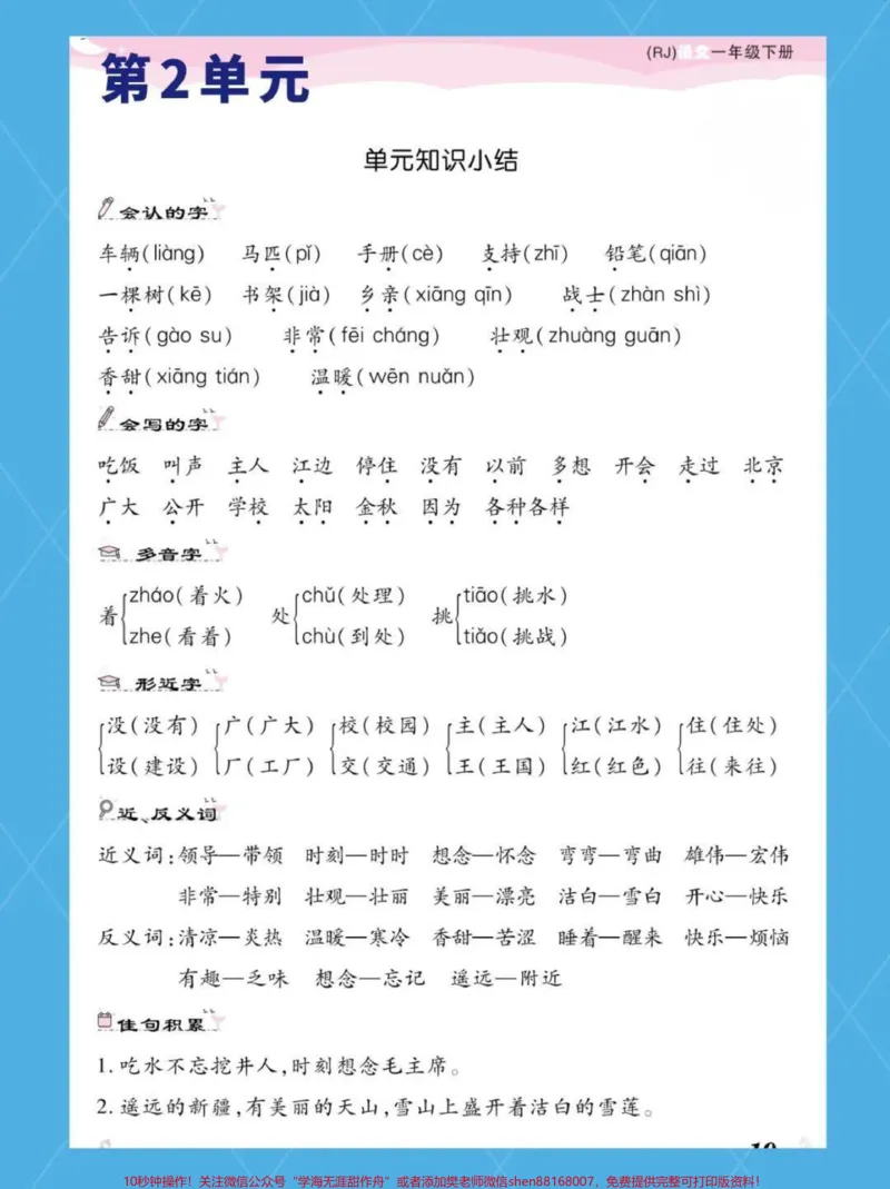 《一年级下册语文课堂笔记。#单元知识汇总#近反义词多音字日积月累名言警句#一年级#必考考点#学习@qunju888.com小助手》第3页预览
