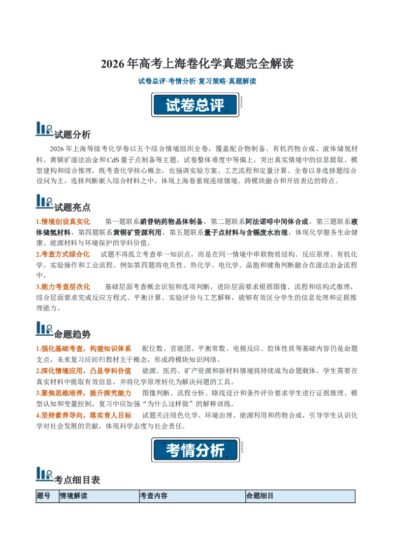 《2026年高考化学真题完全解读（上海卷）_高考一二三轮复习_化学_2027年高考化学专项复习_2027年高考化学真题完全解读-G338_2027版》第1页预览
