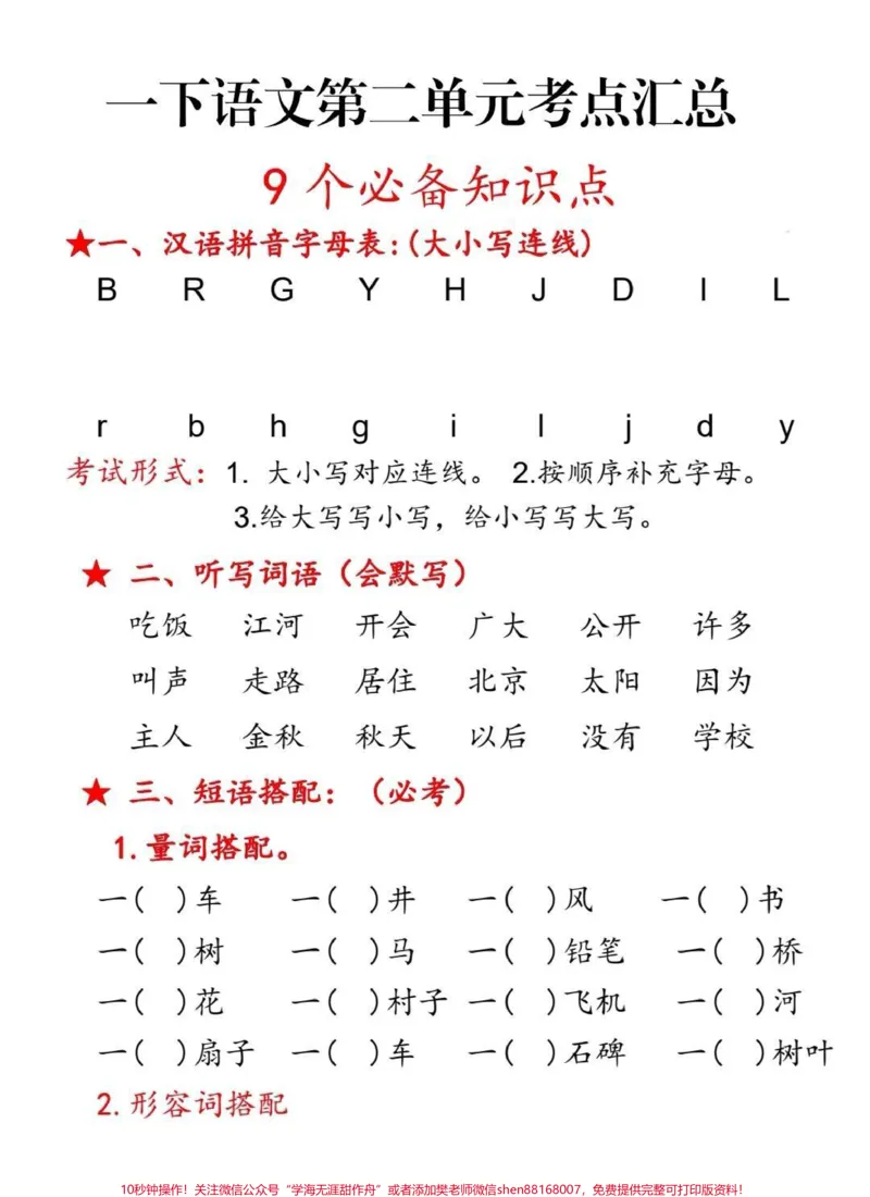 《一年级下册第二单元考点汇总。一年级下册第二单元9个必备知识点,老师要求必须掌握。#一年级#一年级语文下册#一年级语文#知识点总结#语文》第1页预览