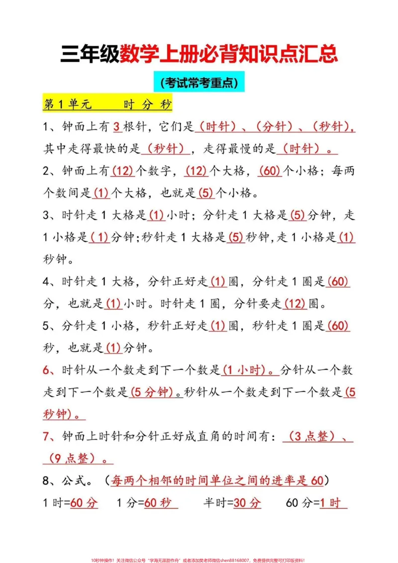 《三年级数学上册必背知识点汇总。三年级上册必背知识点给同学们整理好了,都是考试常考知识点,打印一份给孩子背一背,考试不丢分#三年级上册数学#三年级数学#知识点总结》第1页预览