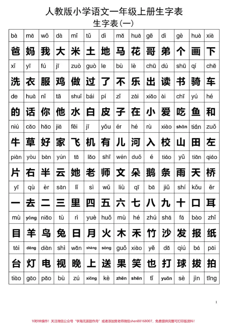 《一年级上册语文生字表及偏旁部首，九月份升一年级必备#一年级新生#一年级#学习资料#家长收藏孩子受益》第1页预览