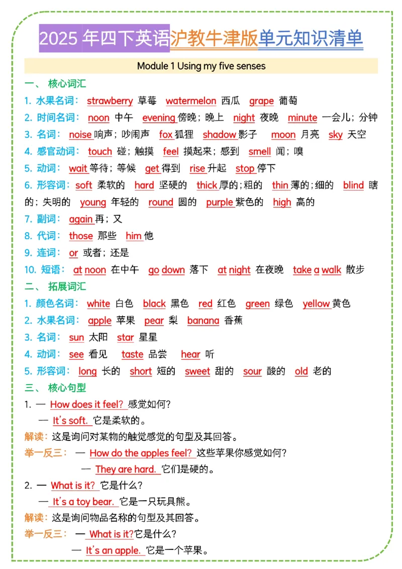 《四年级下册英语牛津沪教单元知识清单_4年级下册同步教辅_四下英语_四下英语-沪教版资料》第1页预览